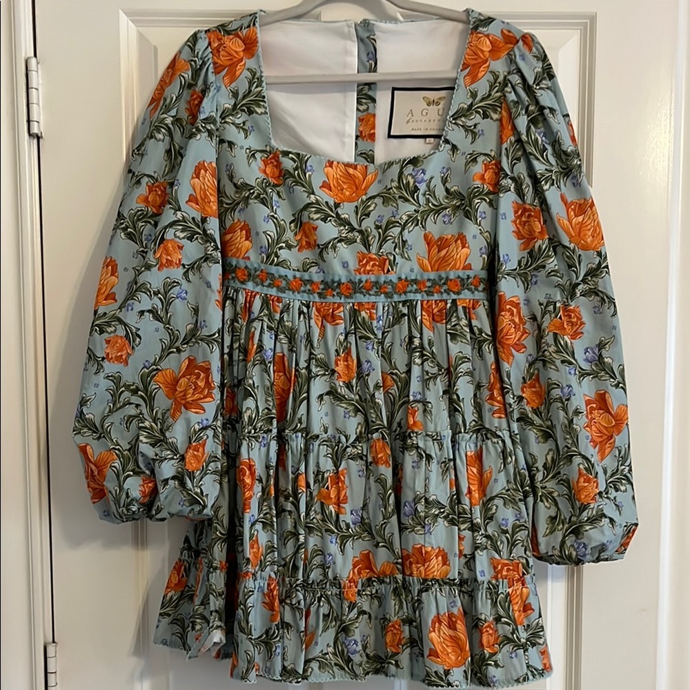 Agua Bendita Floral Dress with Blue and Orange Accents